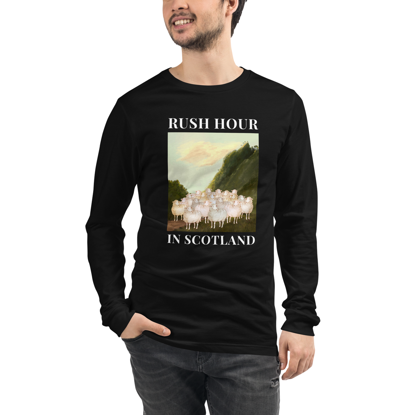 Man wearing a Black Sheep Long Sleeve Tee featuring a comical Rush Hour In Scotland graphic on the chest - Artsy/Funny Sheep Long Sleeve Graphic Tees - Boozy Fox