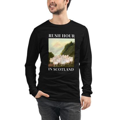 Man wearing a Black Sheep Long Sleeve Tee featuring a comical Rush Hour In Scotland graphic on the chest - Artsy/Funny Sheep Long Sleeve Graphic Tees - Boozy Fox