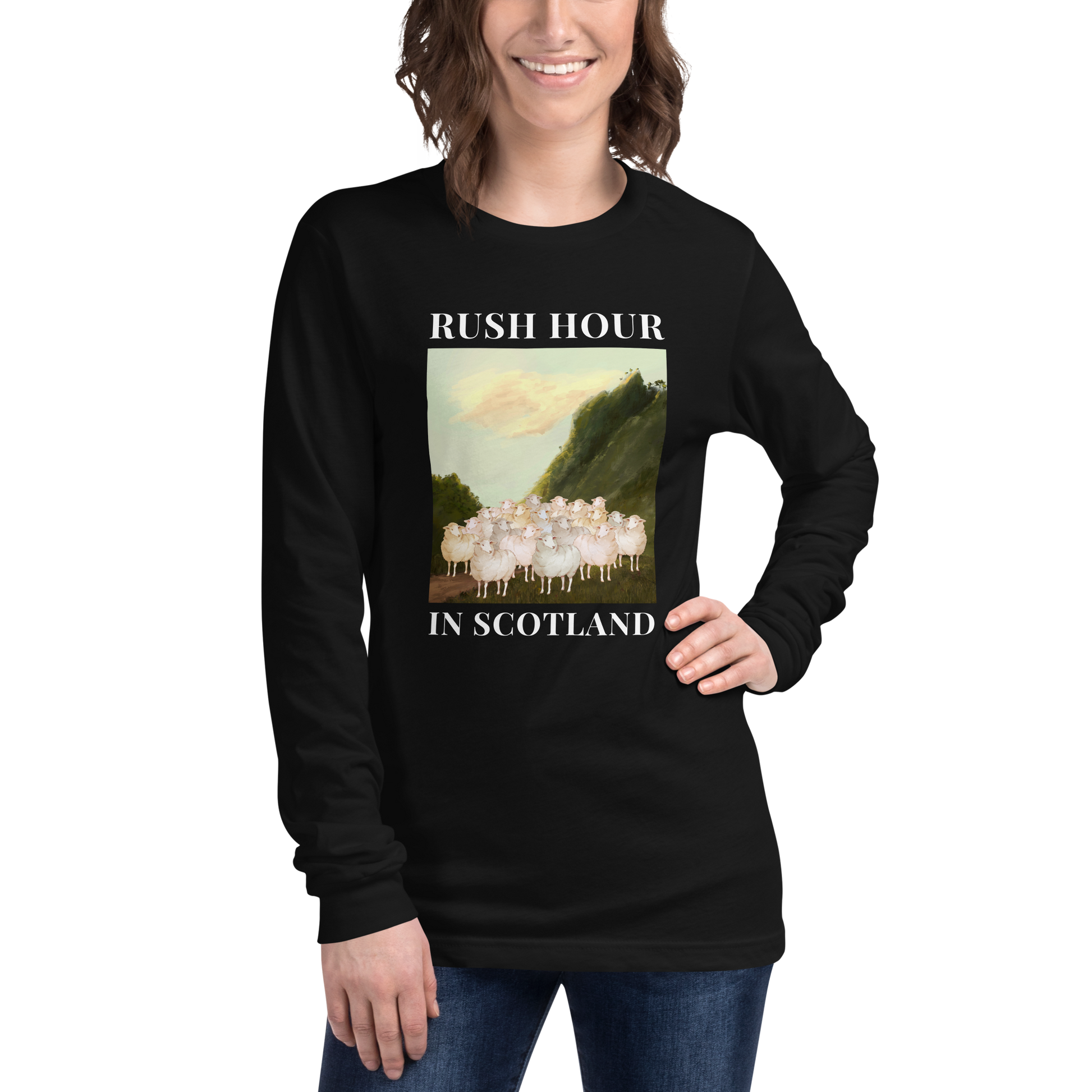 Woman wearing a Black Sheep Long Sleeve Tee featuring a comical Rush Hour In Scotland graphic on the chest - Artsy/Funny Sheep Long Sleeve Graphic Tees - Boozy Fox