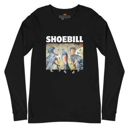 Black Shoebill Stork Long Sleeve Tee featuring cool Shoebill graphic on the chest - Artsy/Funny Shoebill Stork Long Sleeve Graphic Tees - Boozy Fox