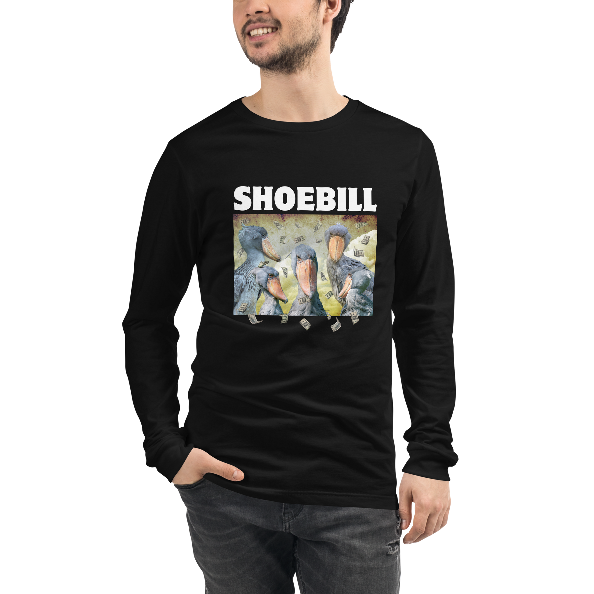 Man wearing a Black Shoebill Stork Long Sleeve Tee featuring cool Shoebill graphic on the chest - Artsy/Funny Shoebill Stork Long Sleeve Graphic Tees - Boozy Fox
