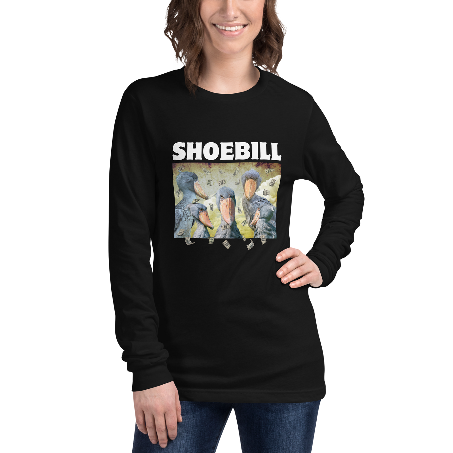 Woman wearing a Black Shoebill Stork Long Sleeve Tee featuring cool Shoebill graphic on the chest - Artsy/Funny Shoebill Stork Long Sleeve Graphic Tees - Boozy Fox