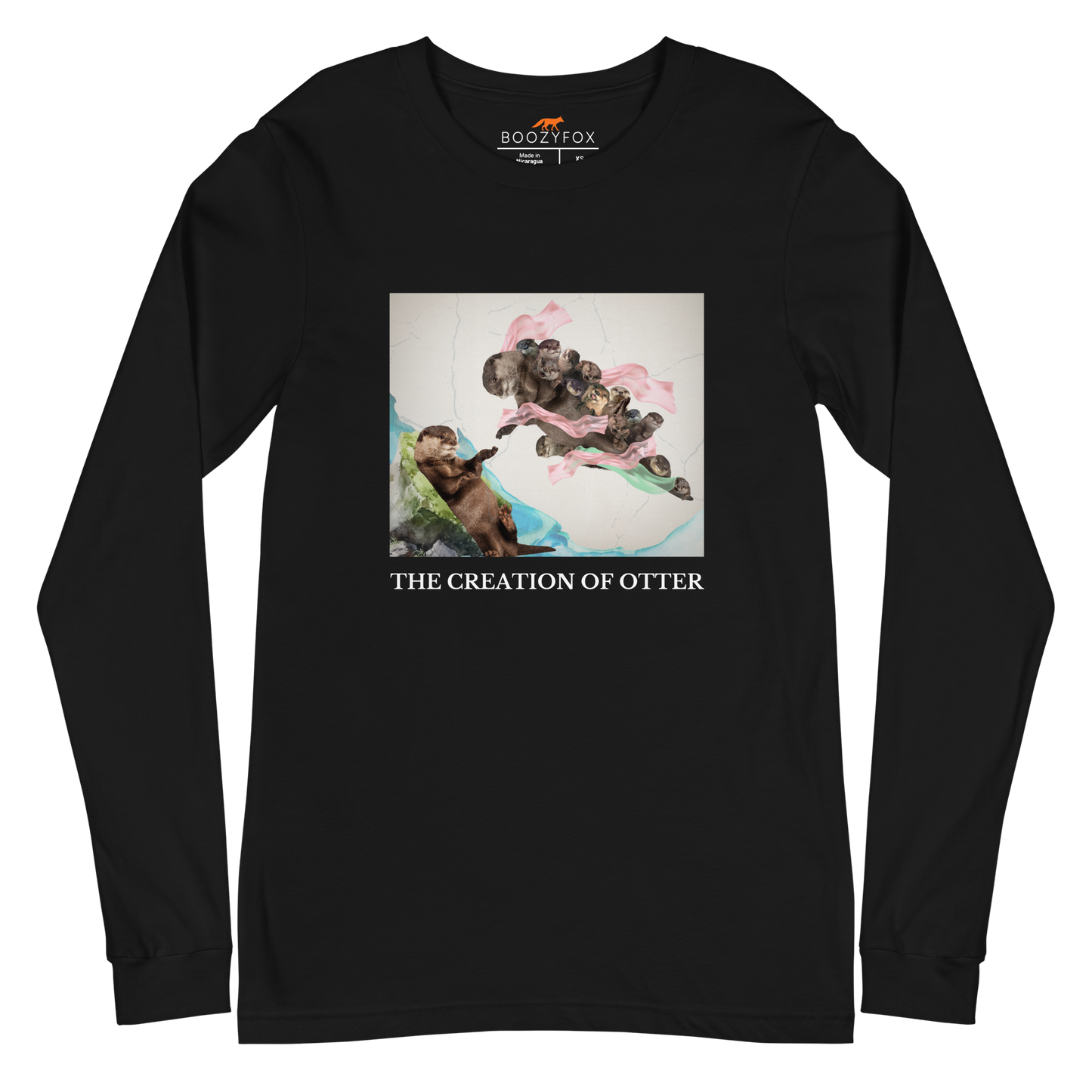 Black Otter Long Sleeve Tee featuring a playful The Creation of Otter parody of Michelangelo's masterpiece - Artsy/Funny Otter Long Sleeve Graphic Tees - Boozy Fox