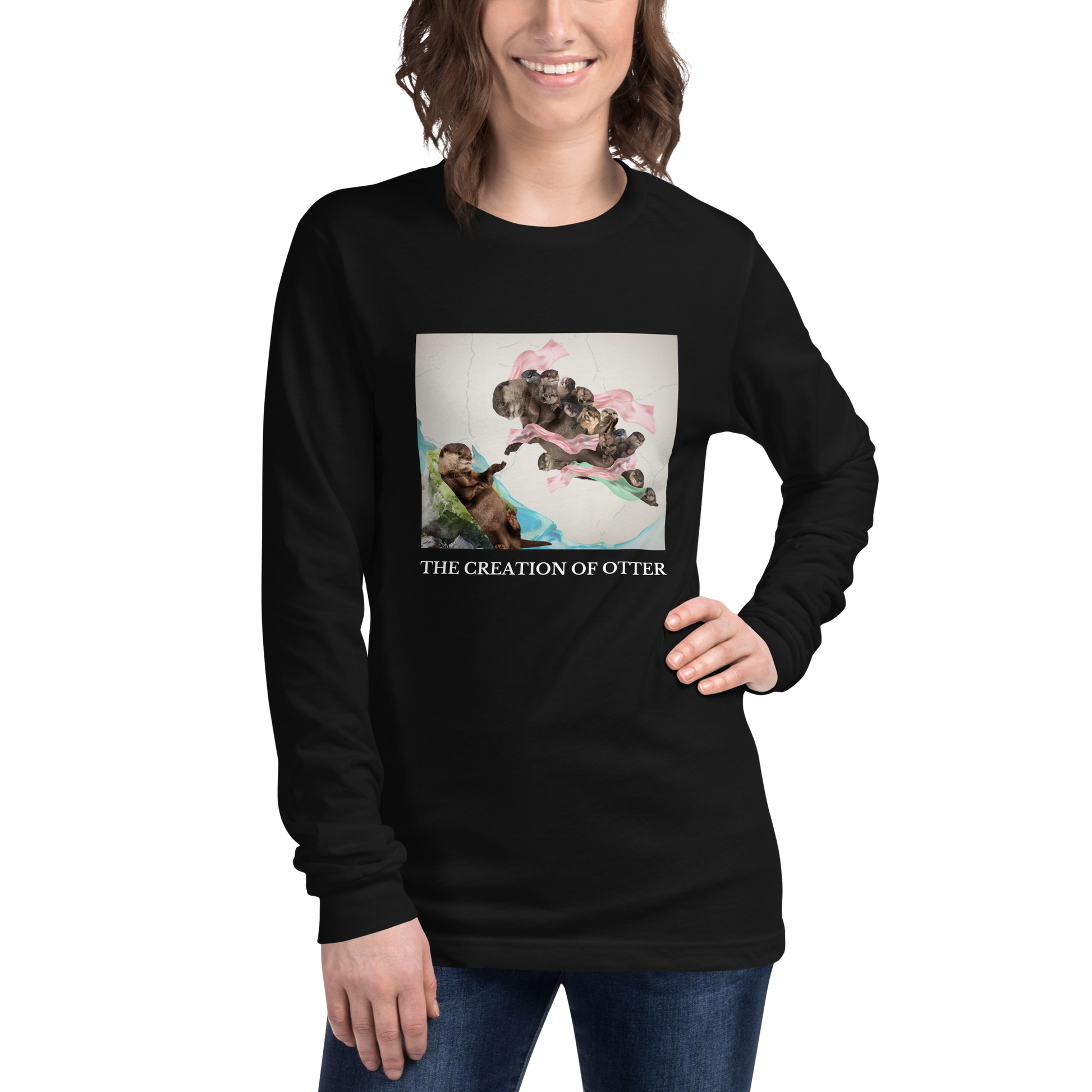 Woman wearing a Black Otter Long Sleeve Tee featuring a playful The Creation of Otter parody of Michelangelo's masterpiece - Artsy/Funny Otter Long Sleeve Graphic Tees - Boozy Fox