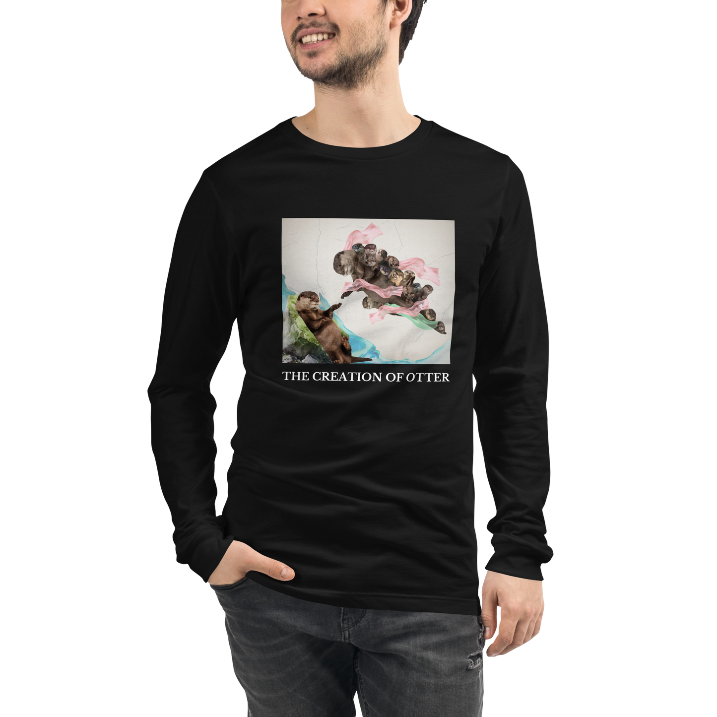 Man wearing a Black Otter Long Sleeve Tee featuring a playful The Creation of Otter parody of Michelangelo's masterpiece - Artsy/Funny Otter Long Sleeve Graphic Tees - Boozy Fox