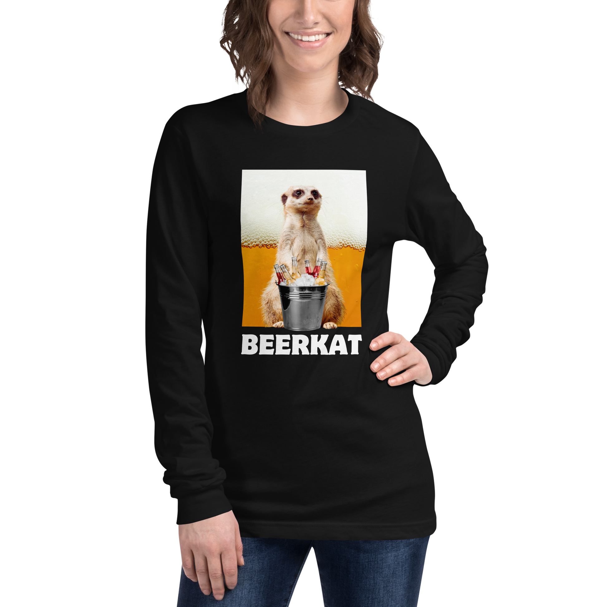 Woman Wearing a Black Meerkat Long Sleeve Tee - Boozy Fox