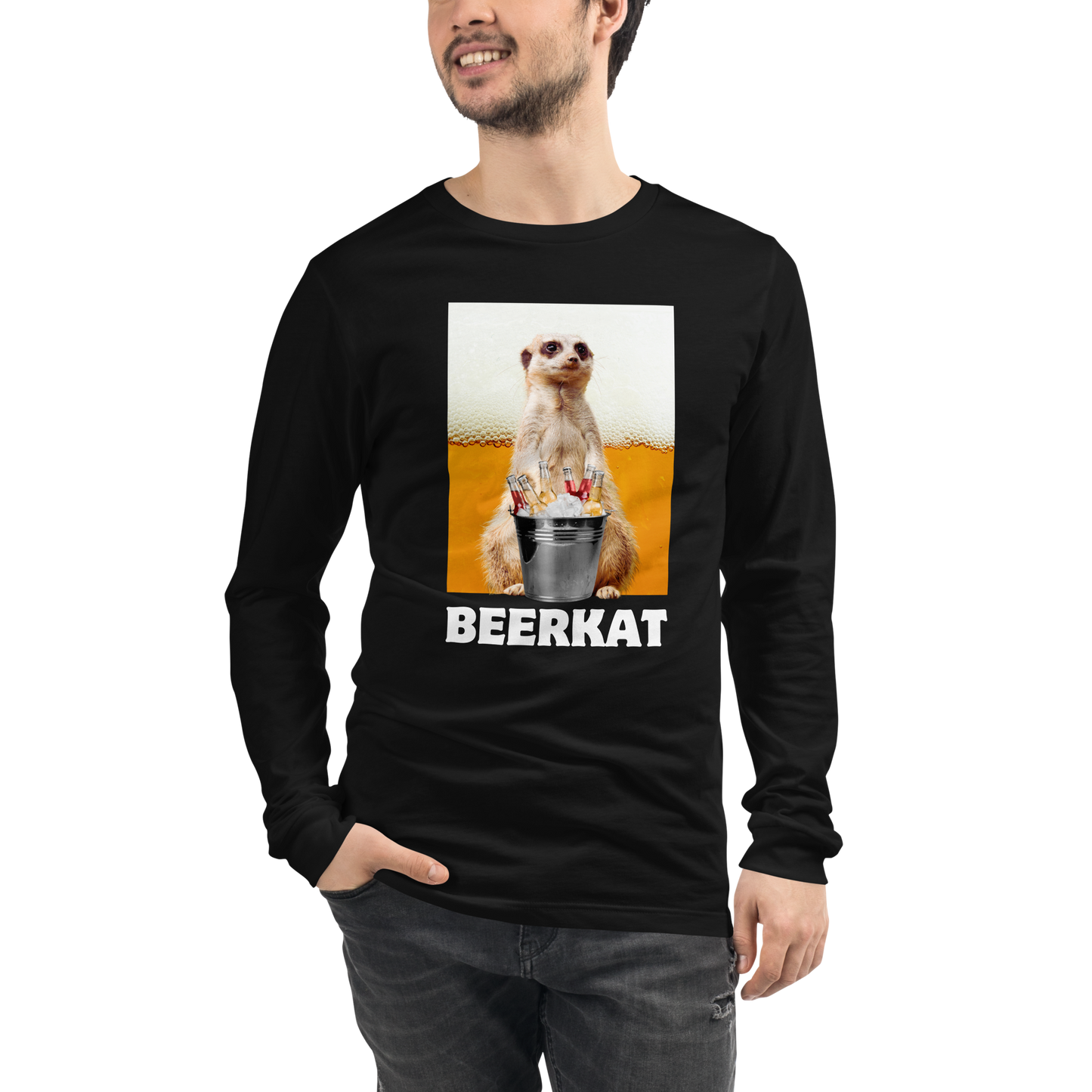 Man Wearing a Black Meerkat Long Sleeve Tee - Boozy Fox