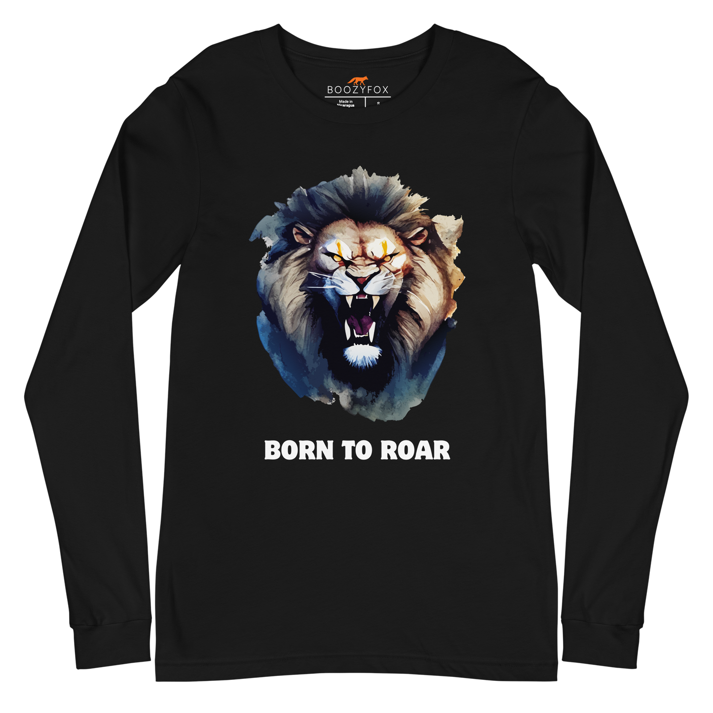 Funny Born to Roar Lion Long Sleeve Tee in black by Boozy Fox
