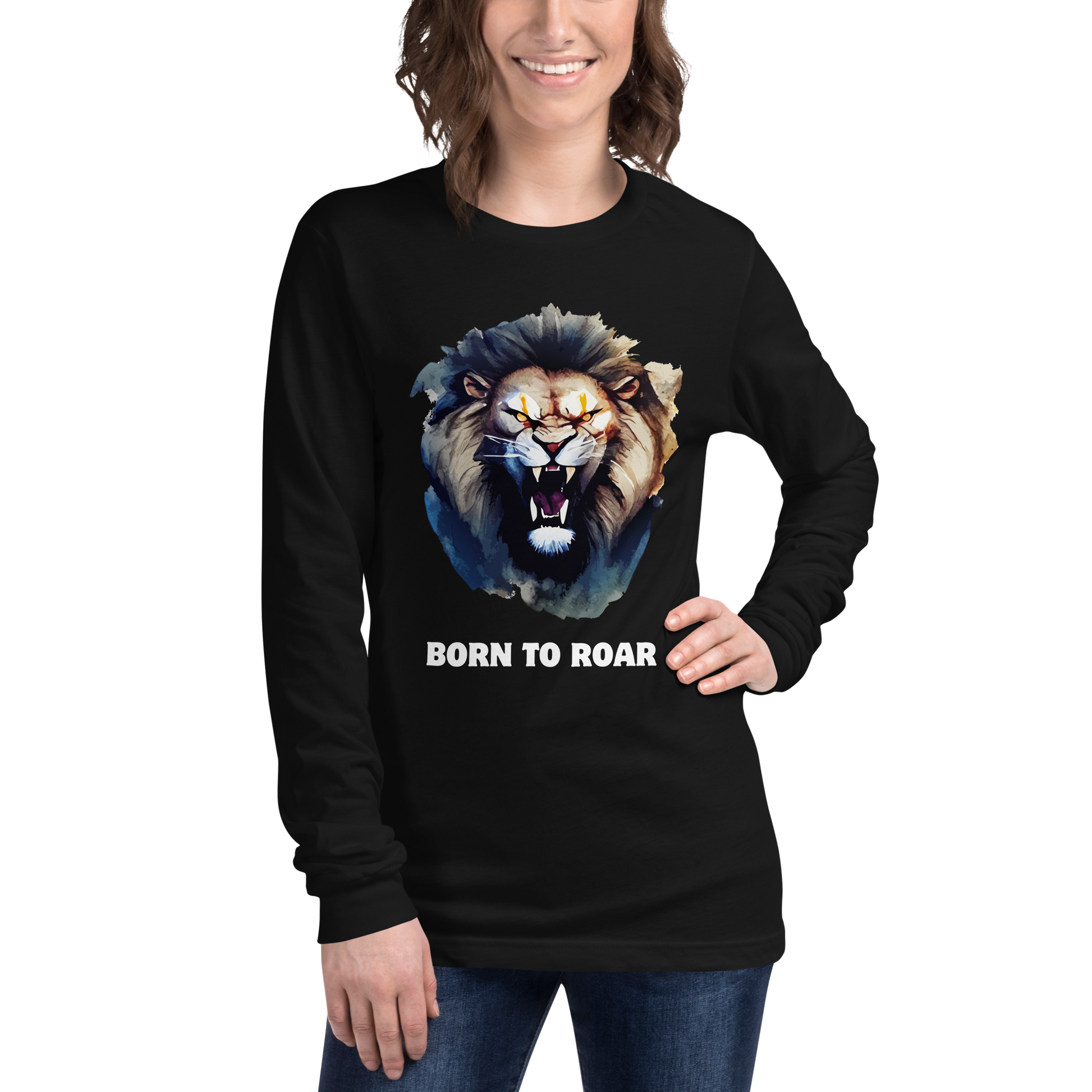 Woman wearing a Funny Born to Roar Lion Long Sleeve Tee in black by Boozy Fox