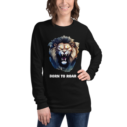 Woman wearing a Funny Born to Roar Lion Long Sleeve Tee in black by Boozy Fox
