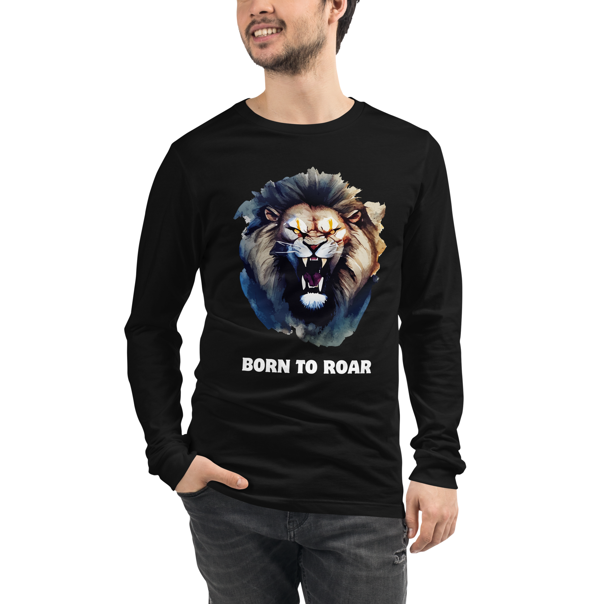 Man wearing a Funny Born to Roar Lion Long Sleeve Tee in black by Boozy Fox