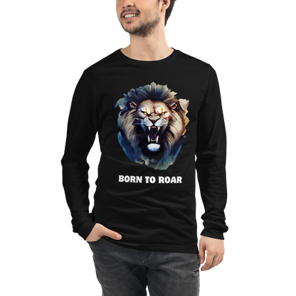 Man wearing a Funny Born to Roar Lion Long Sleeve Tee in black by Boozy Fox