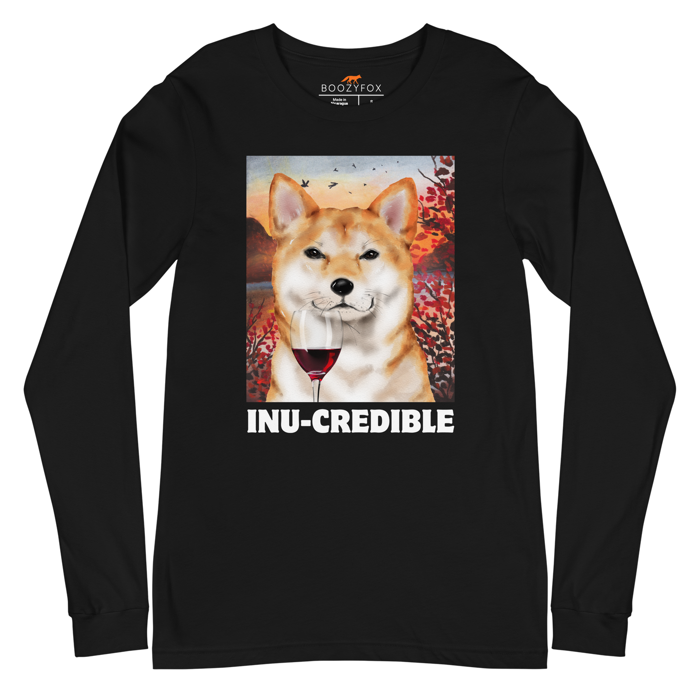 Funny Shiba Inu graphic long sleeve tee in black by Boozy Fox