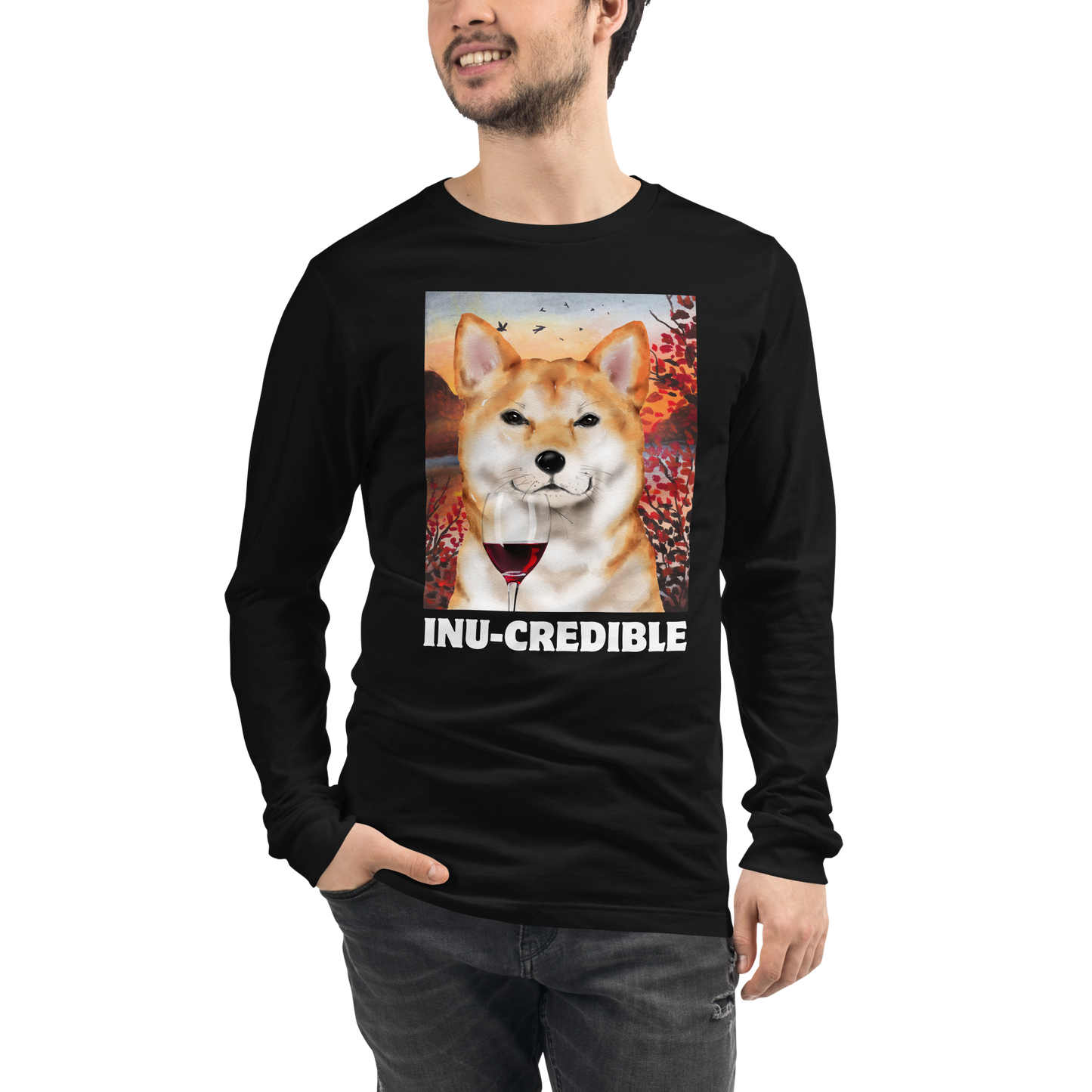 Man wearing a Funny Shiba Inu graphic long sleeve tee in black by Boozy Fox
