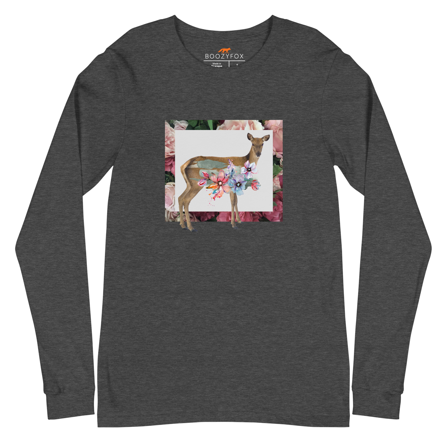 Dark Grey Heather Deer Long Sleeve Tee featuring a captivating Floral Deer graphic on the chest - Cute Deer Long Sleeve Graphic Tees - Boozy Fox