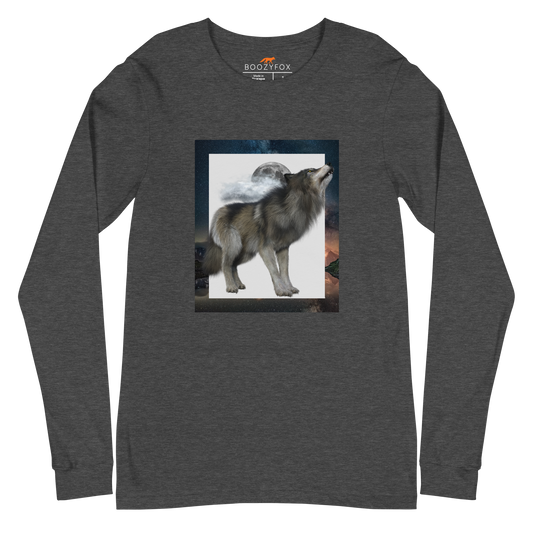 Dark Grey Heather Wolf Long Sleeve Tee featuring a fierce Howling Wolf graphic on the chest - Cool Wolf Long Sleeve Graphic Tees - Boozy Fox