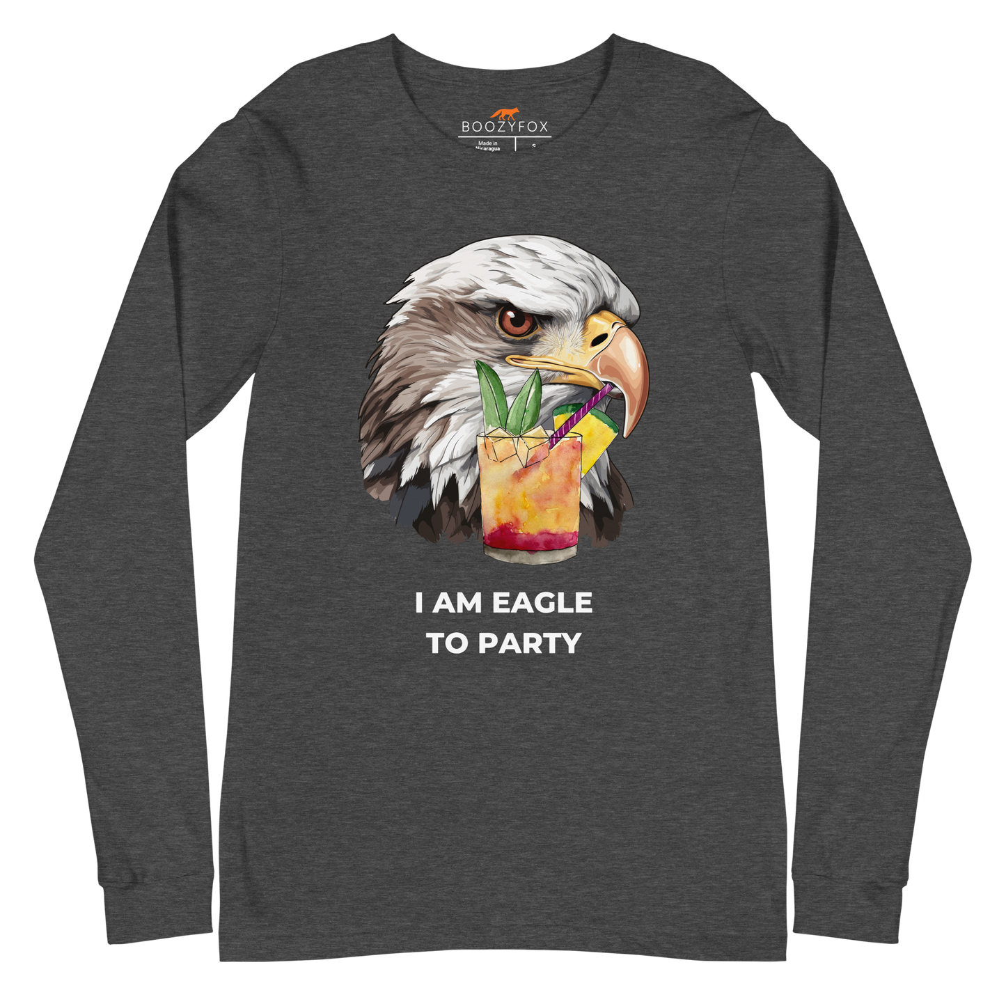 Dark Grey Heather Eagle Long Sleeve Tee featuring a captivating I Am Eagle To Party graphic on the chest - Funny Eagle Long Sleeve Graphic Tees - Boozy Fox