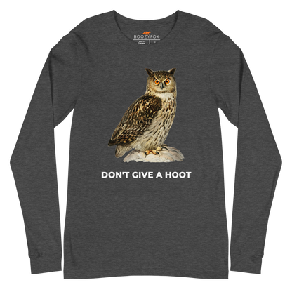 Dark Grey Heather Owl Long Sleeve Tee featuring a captivating Don't Give A Hoot graphic on the chest - Funny Owl Long Sleeve Graphic Tees - Boozy Fox