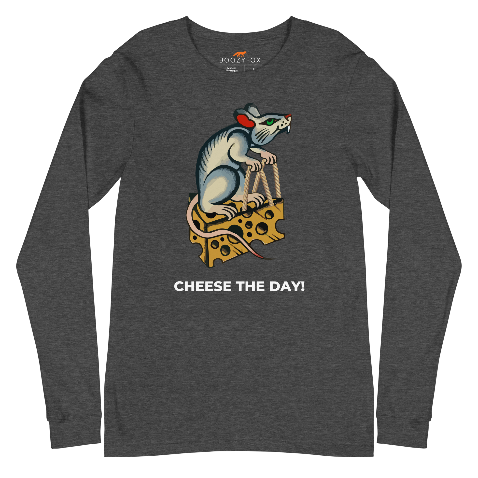 Dark Grey Heather Rat Long Sleeve Tee featuring a hilarious Cheese The Day graphic on the chest - Funny Rat Long Sleeve Graphic Tees - Boozy Fox