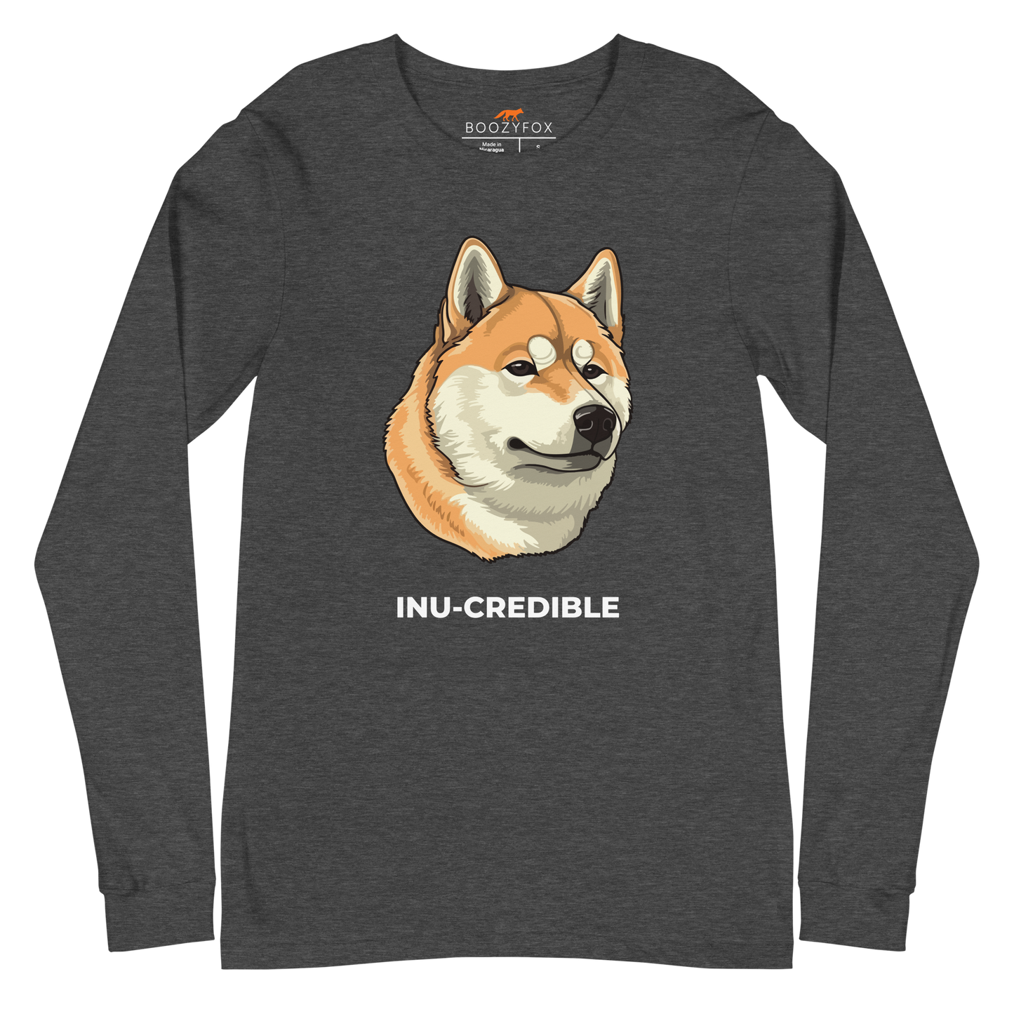 Dark Grey Heather Shiba Inu Long Sleeve Tee featuring the Inu-Credible graphic on the chest - Funny Shiba Inu Long Sleeve Graphic Tees - Boozy Fox
