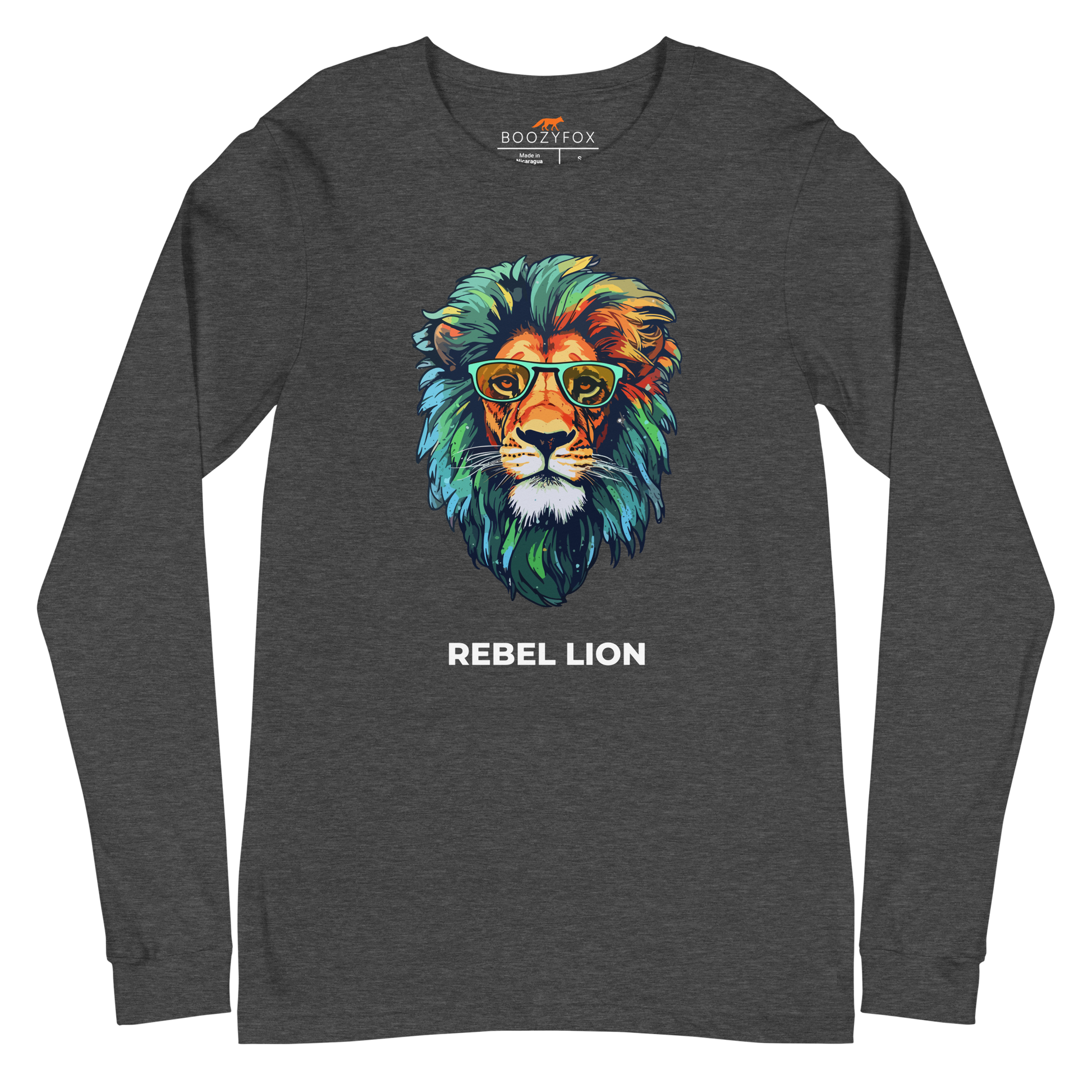 Dark Grey Heather Lion Long Sleeve Tee featuring a bold Rebel Lion graphic on the chest - Cool Lion Long Sleeve Graphic Tees - Boozy Fox