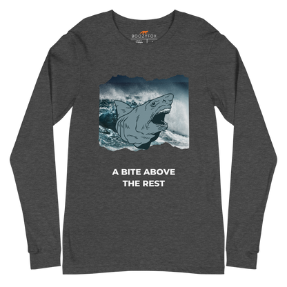 Dark Grey Heather Megalodon Long Sleeve Tee featuring A Bite Above the Rest graphic on the chest - Funny Megalodon Long Sleeve Graphic Tees - Boozy Fox