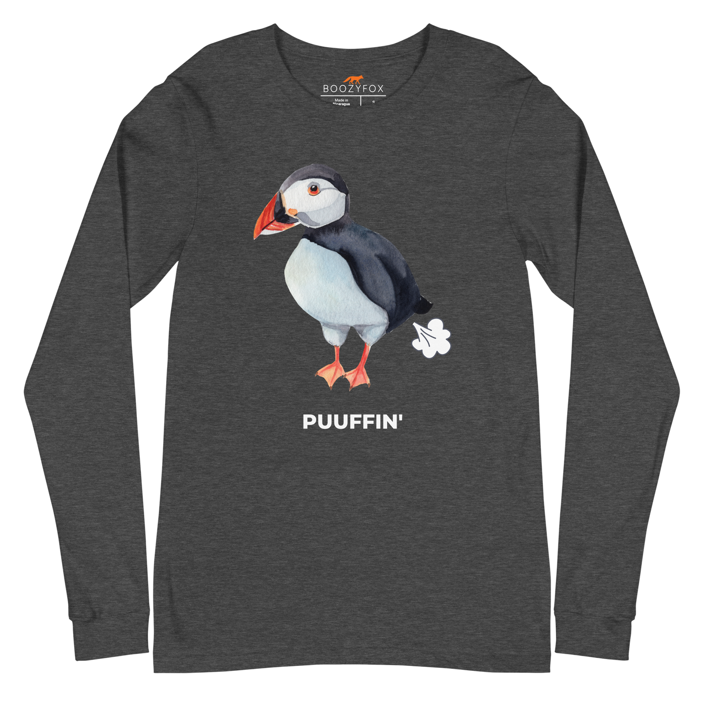 Dark Grey Heather Puffin Long Sleeve Tee featuring a comic Puuffin' graphic on the chest - Funny Puffin Long Sleeve Graphic Tees - Boozy Fox