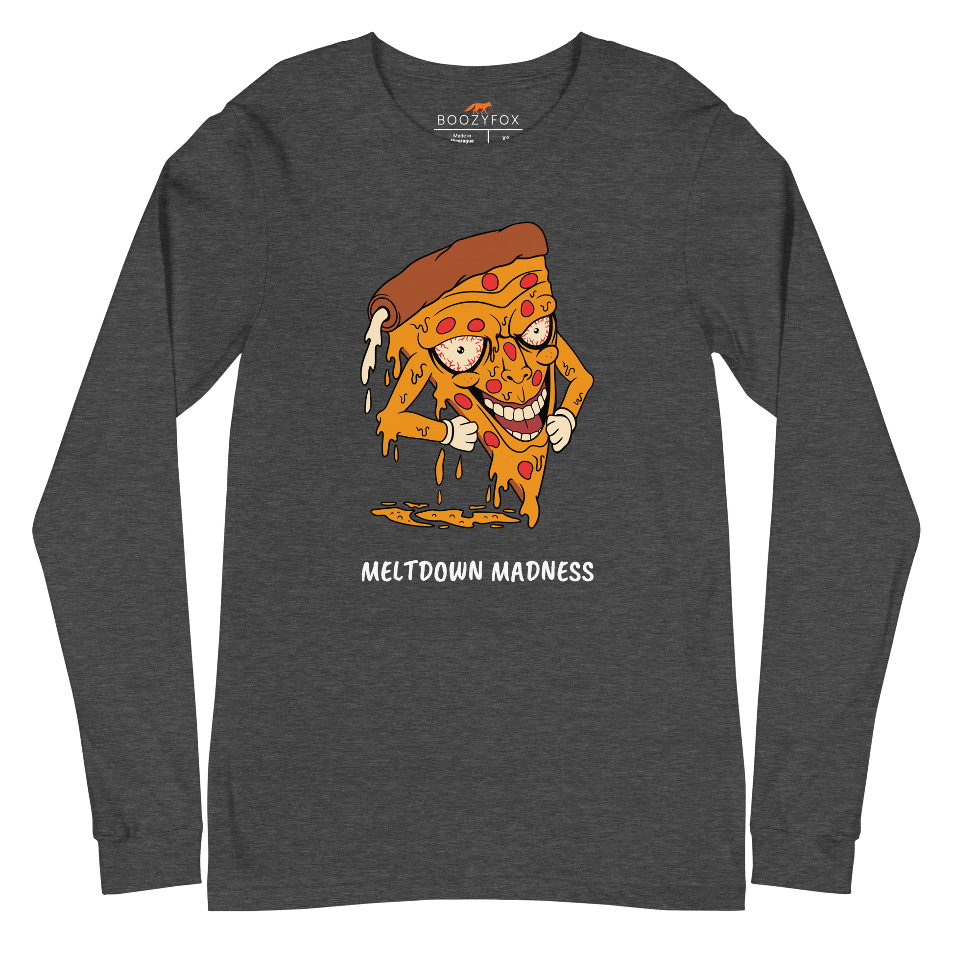 Dark Grey Heather Melting Pizza Long Sleeve Tee featuring a Meltdown Madness graphic on the chest - Funny Pizza Long Sleeve Graphic Tees - Boozy Fox