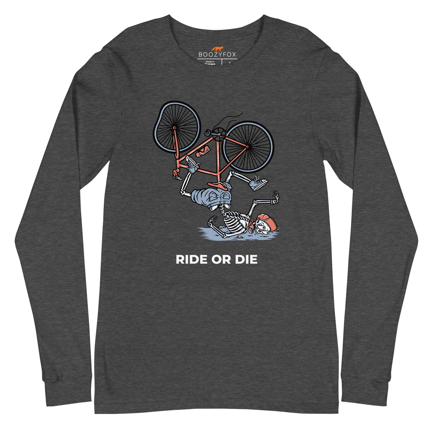 Dark Grey Heather Ride or Die Long Sleeve Tee featuring a bold Skeleton Falling While Riding a Bicycle graphic on the chest - Funny Skeleton Long Sleeve Graphic Tees - Boozy Fox