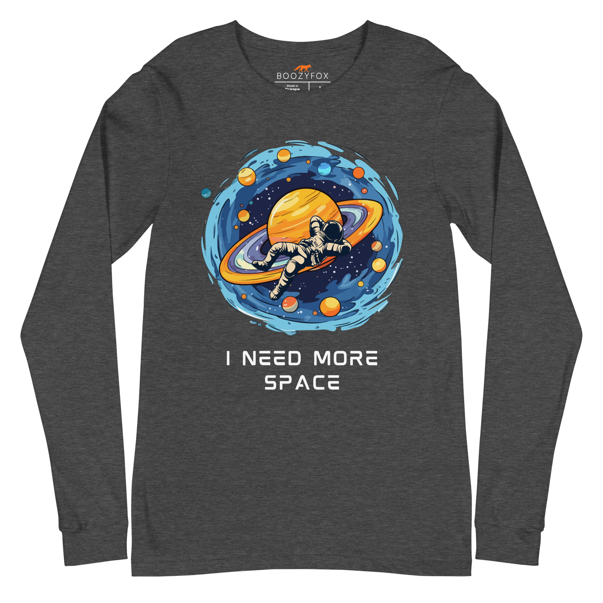 Dark Grey Heather Astronaut Long Sleeve Tee featuring a captivating I Need More Space graphic on the chest - Funny Space Long Sleeve Graphic Tees - Boozy Fox