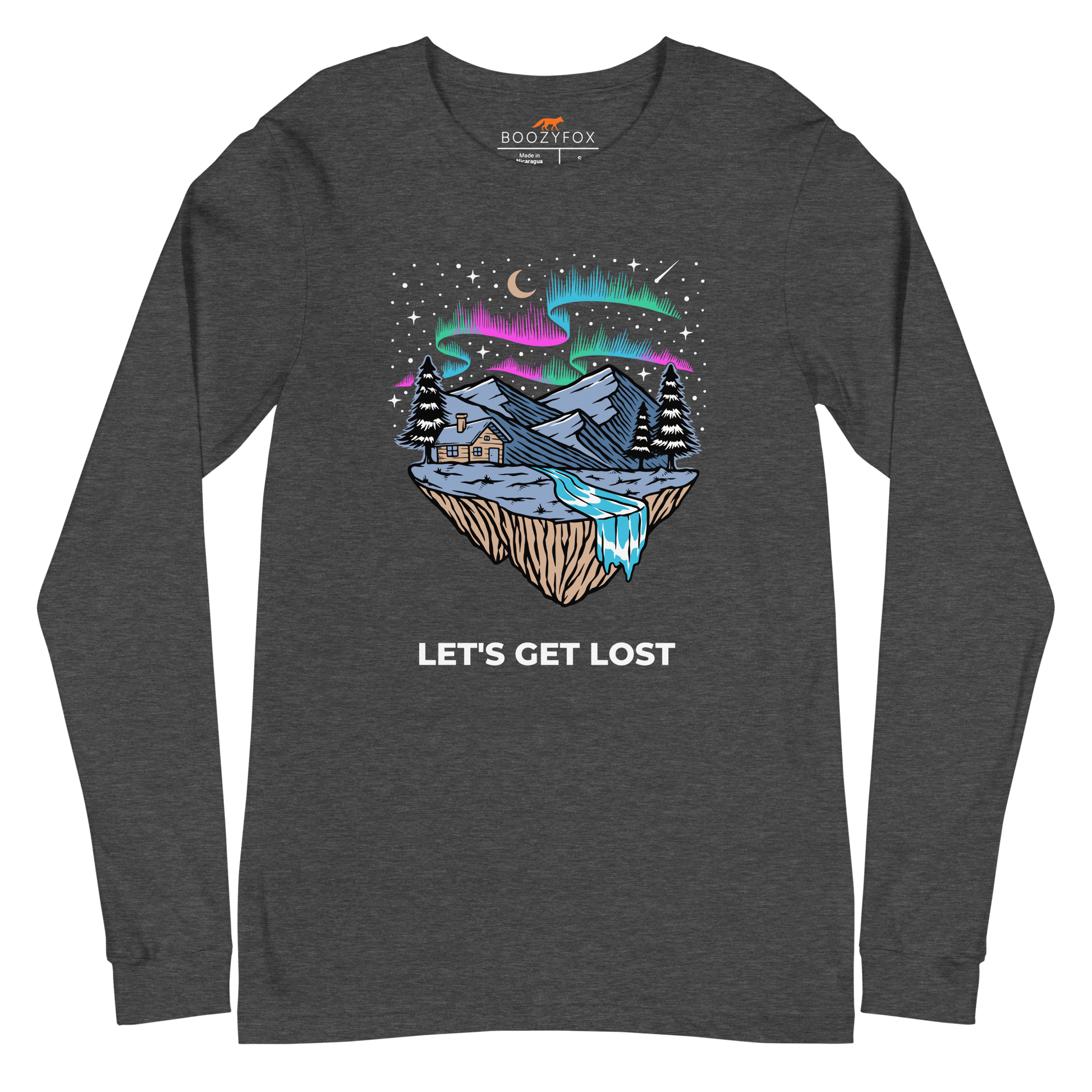 Dark Grey Heather Let's Get Lost Long Sleeve Tee featuring a mesmerizing night sky, adorned with stars and aurora borealis graphic on the chest - Cool Northern Lights Long Sleeve Graphic Tees - Boozy Fox