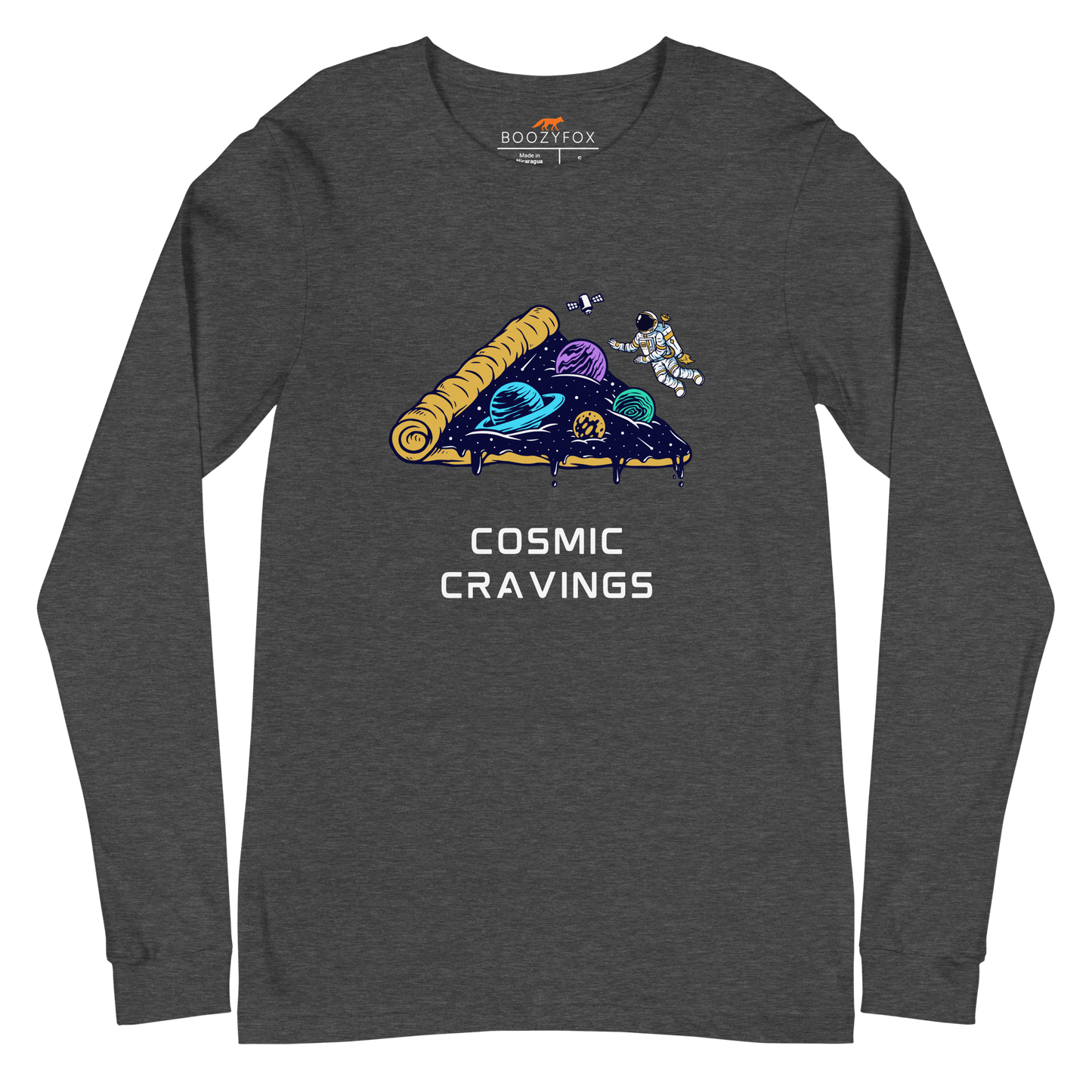 Dark Grey Heather Cosmic Cravings Long Sleeve Tee featuring an Astronaut Exploring a Pizza Universe graphic on the chest - Funny Space Long Sleeve Graphic Tees - Boozy Fox