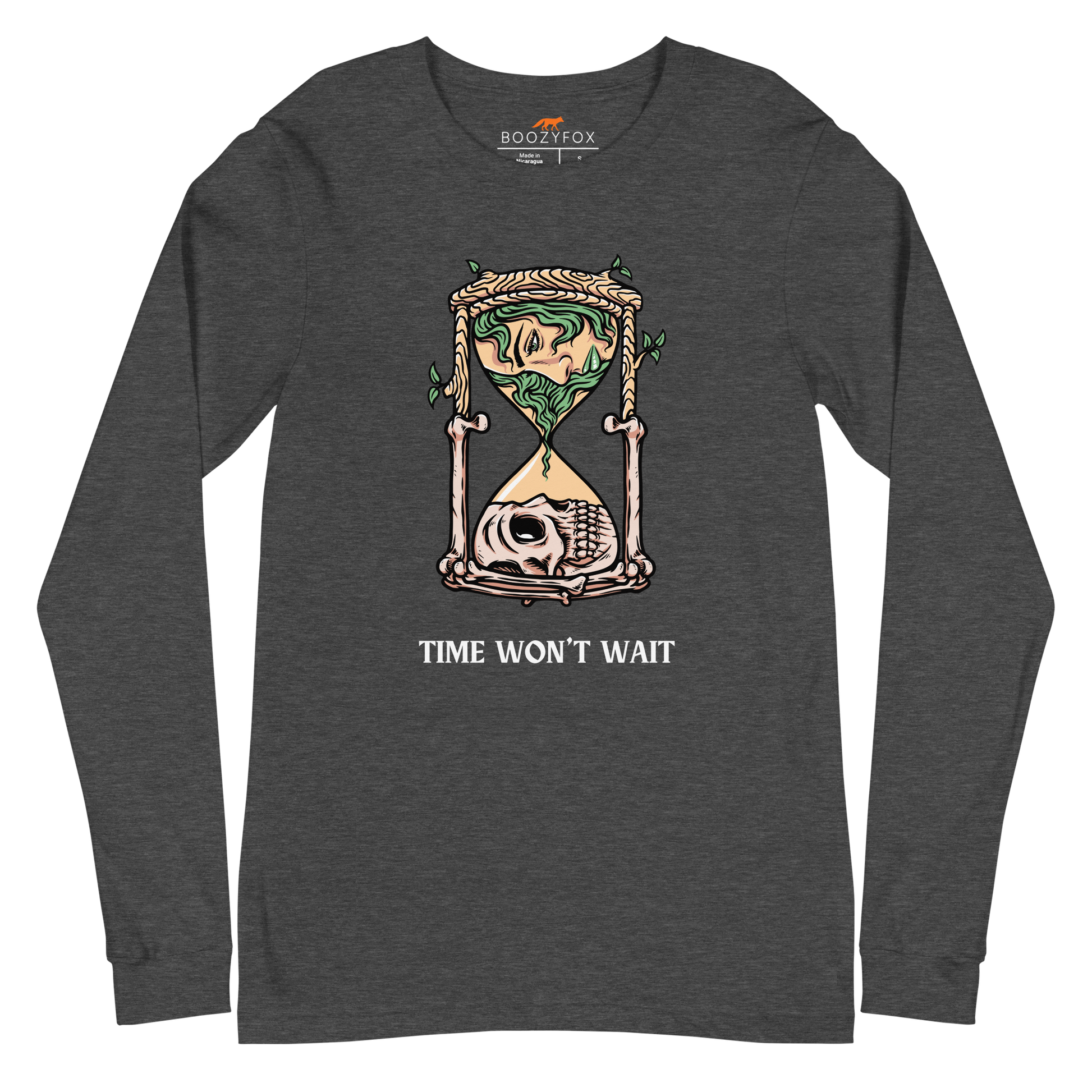 Dark Grey Heather Hourglass Long Sleeve Tee featuring a captivating Time Won't Wait graphic on the chest - Cool Hourglass Long Sleeve Graphic Tees - Boozy Fox