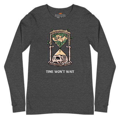 Dark Grey Heather Hourglass Long Sleeve Tee featuring a captivating Time Won't Wait graphic on the chest - Cool Hourglass Long Sleeve Graphic Tees - Boozy Fox