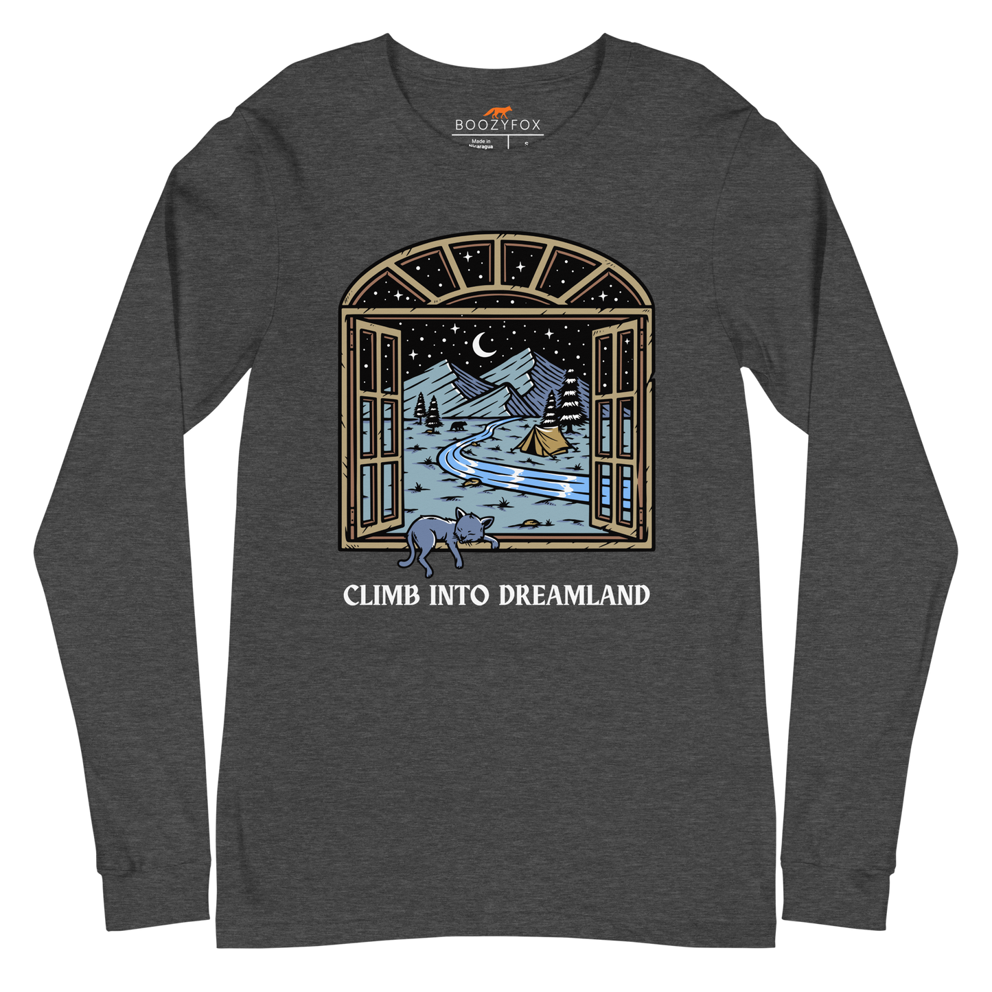 Dark Grey Heather Climb Into Dreamland Long Sleeve Tee featuring a mesmerizing mountain view graphic on the chest - Cool Nature Long Sleeve Graphic Tees - Boozy Fox