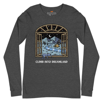 Dark Grey Heather Climb Into Dreamland Long Sleeve Tee featuring a mesmerizing mountain view graphic on the chest - Cool Nature Long Sleeve Graphic Tees - Boozy Fox