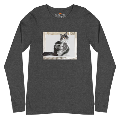 Dark Grey Heather Royal Cat Long Sleeve Tee featuring a Majestic Cat graphic on the chest - Cute Cat Long Sleeve Graphic Tees - Boozy Fox