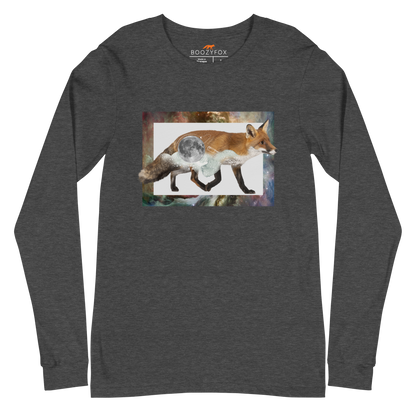 Dark Grey Heather Fox Long Sleeve Tee featuring a mesmerizing Space Fox graphic on the chest - Cool Fox Long Sleeve Graphic Tees - Boozy Fox