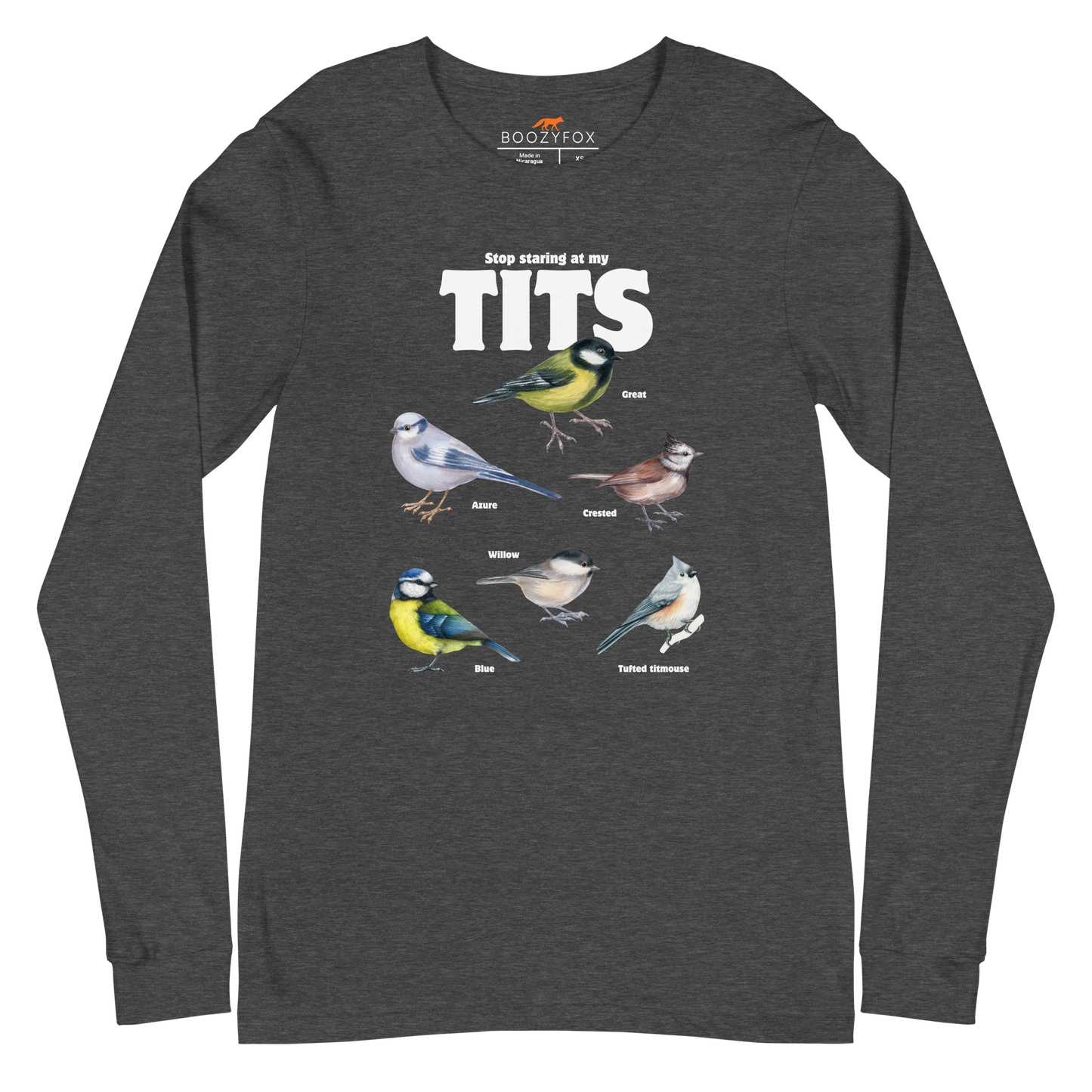 Dark Grey Heather Tit Long Sleeve Tee featuring a funny Stop Staring At My Tits graphic on the chest - Funny Tit Bird Long Sleeve Graphic Tees - Boozy Fox