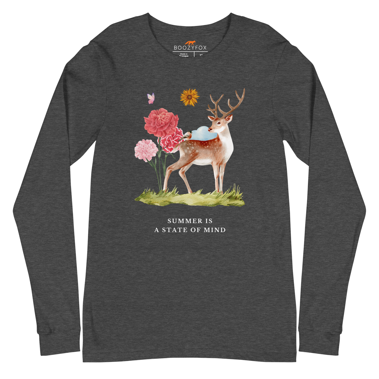 Dark Grey Heather Summer Is a State of Mind Long Sleeve Tee featuring a Summer Is a State of Mind graphic on the chest - Cute Summer Long Sleeve Graphic Tees - Boozy Fox