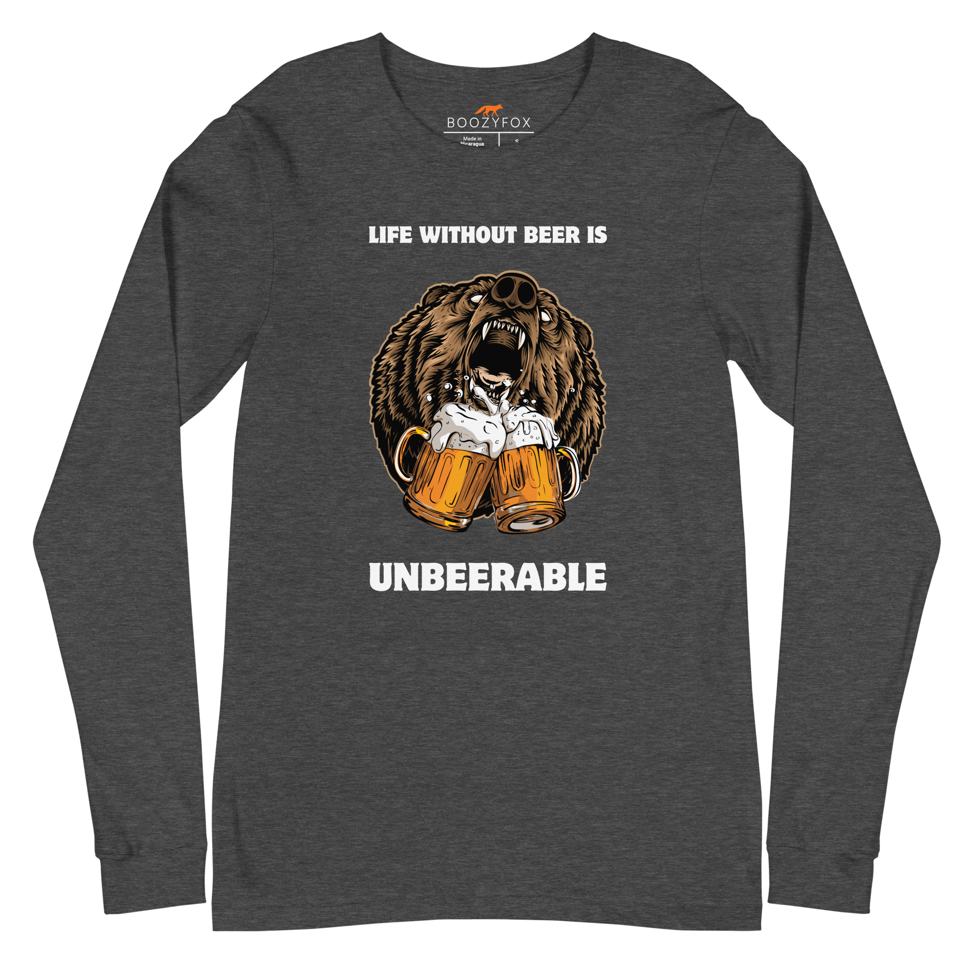 Dark Grey Heather Bear Long Sleeve Tee featuring a Life Without Beer Is Unbeerable graphic on the chest - Funny Bear Long Sleeve Graphic Tees - Boozy Fox