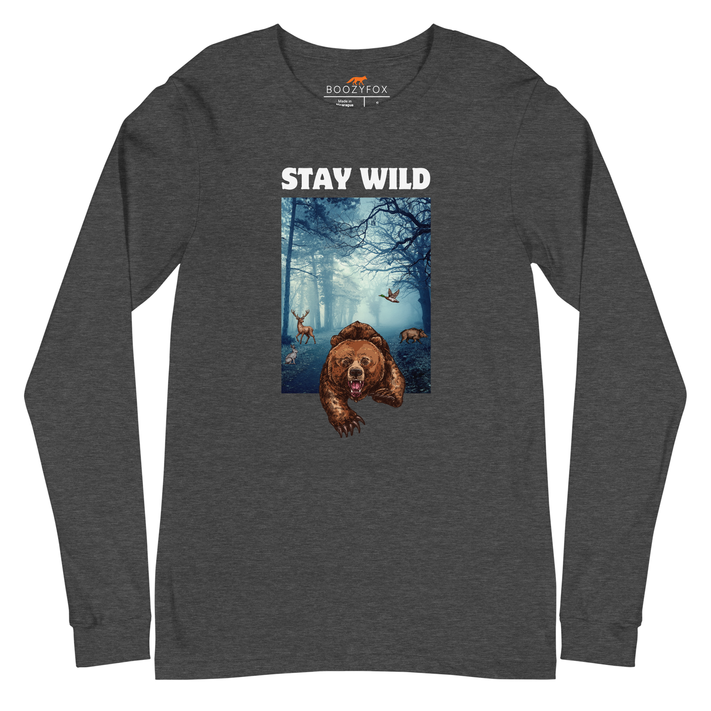 Dark Grey Heather Bear Long Sleeve Tee featuring a Stay Wild graphic on the chest - Cool Bear Long Sleeve Graphic Tees - Boozy Fox