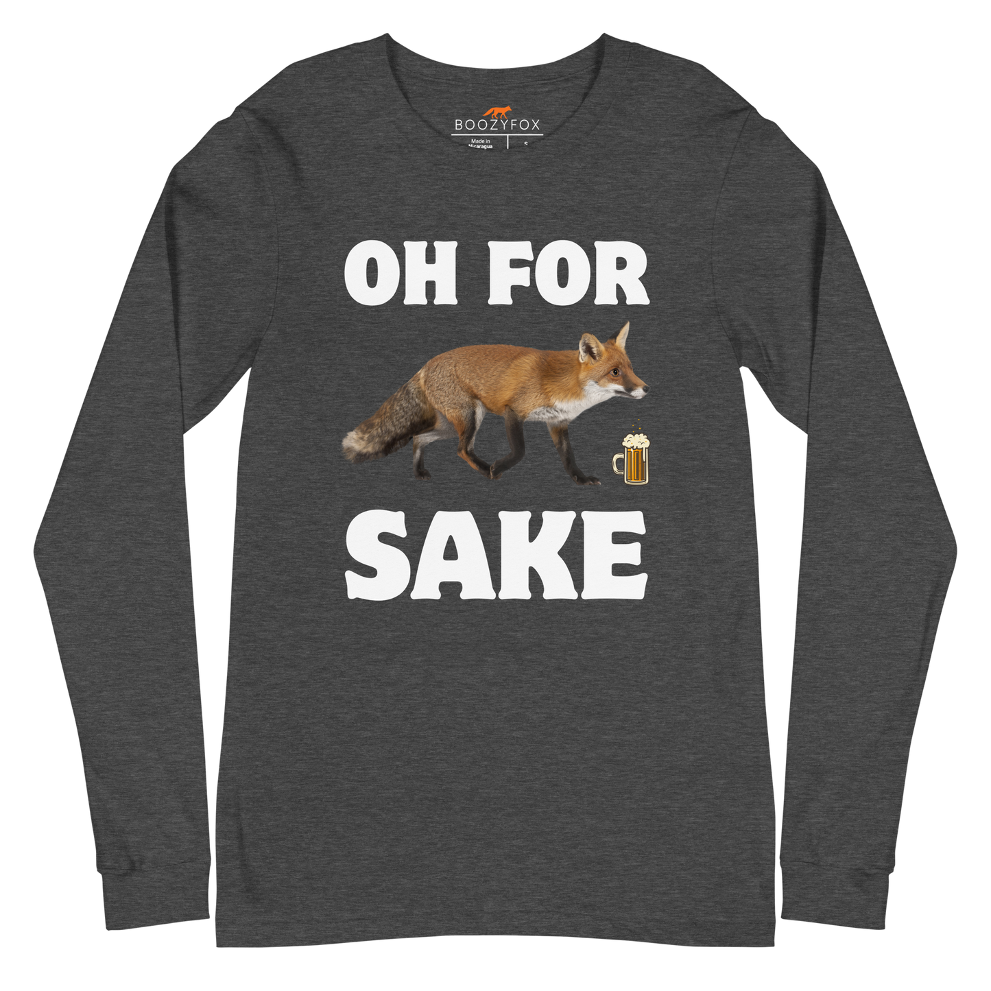 Dark Grey Heather Fox Long Sleeve Tee featuring a Oh For Fox Sake graphic on the chest - Funny Fox Long Sleeve Graphic Tees - Boozy Fox