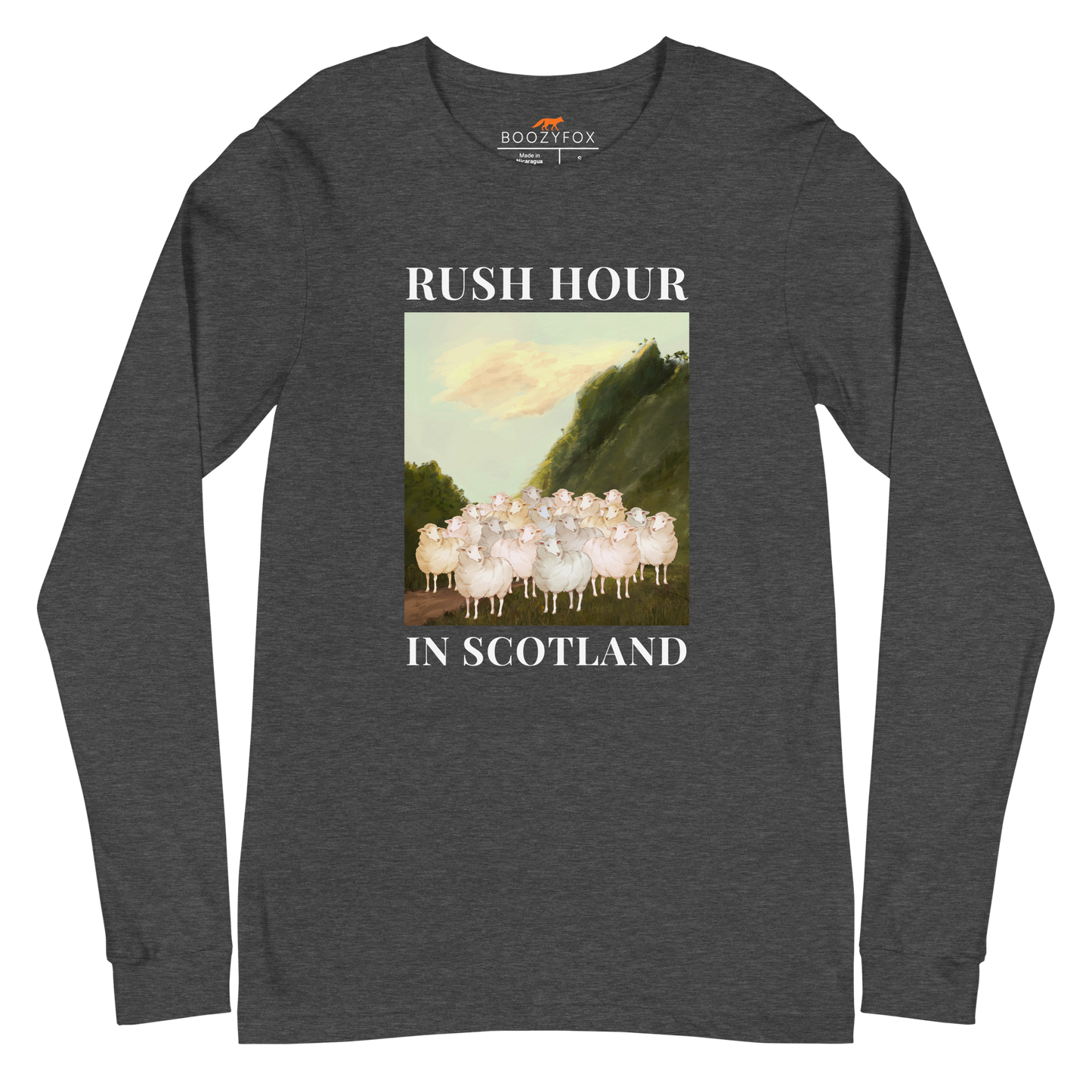 Dark Grey Heather Sheep Long Sleeve Tee featuring a comical Rush Hour In Scotland graphic on the chest - Artsy/Funny Sheep Long Sleeve Graphic Tees - Boozy Fox