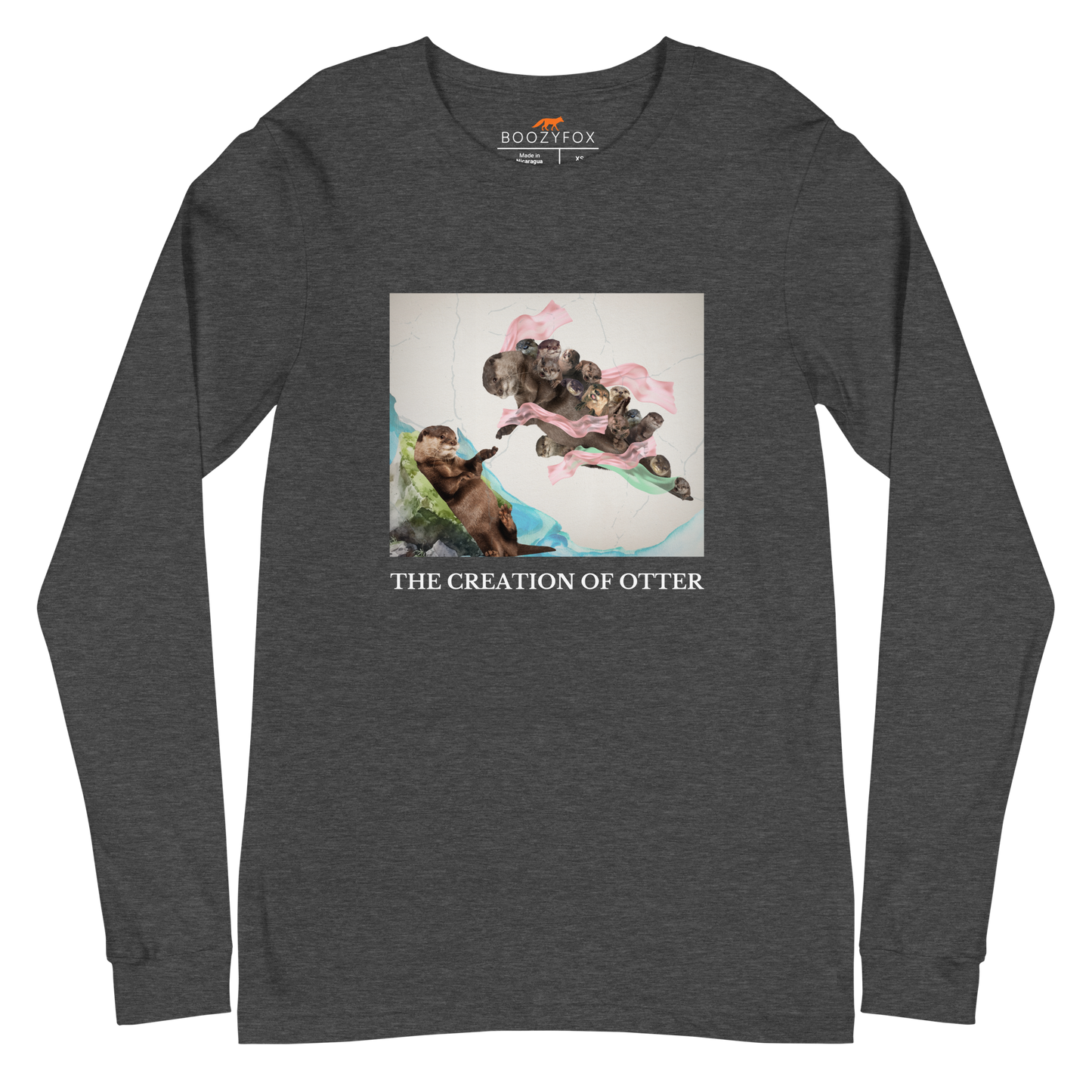 Dark Grey Heather Otter Long Sleeve Tee featuring a playful The Creation of Otter parody of Michelangelo's masterpiece - Artsy/Funny Otter Long Sleeve Graphic Tees - Boozy Fox