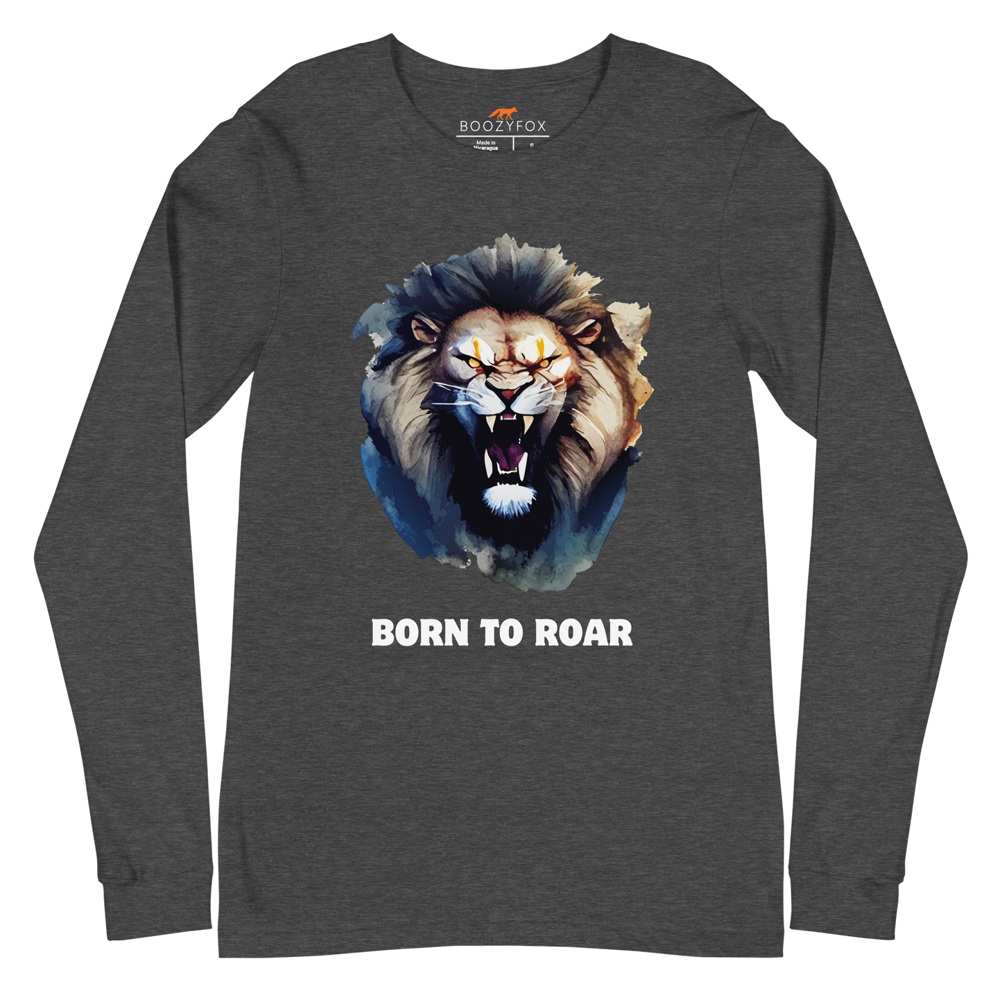 Funny Born to Roar Lion Long Sleeve Tee in dark grey heather by Boozy Fox