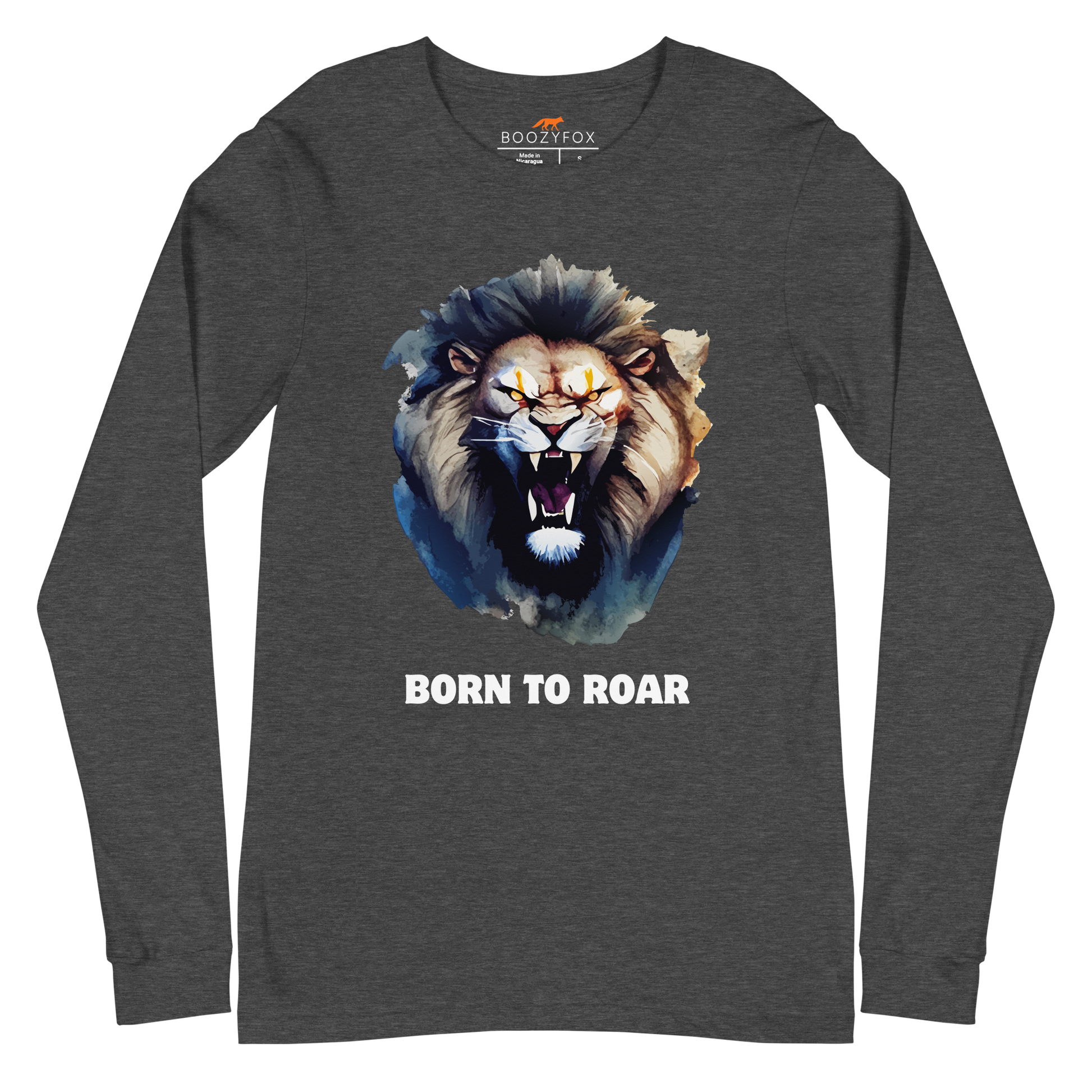 Funny Born to Roar Lion Long Sleeve Tee in dark grey heather by Boozy Fox