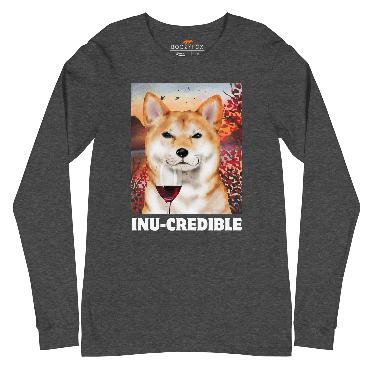 Funny Shiba Inu graphic long sleeve tee in dark grey heather by Boozy Fox