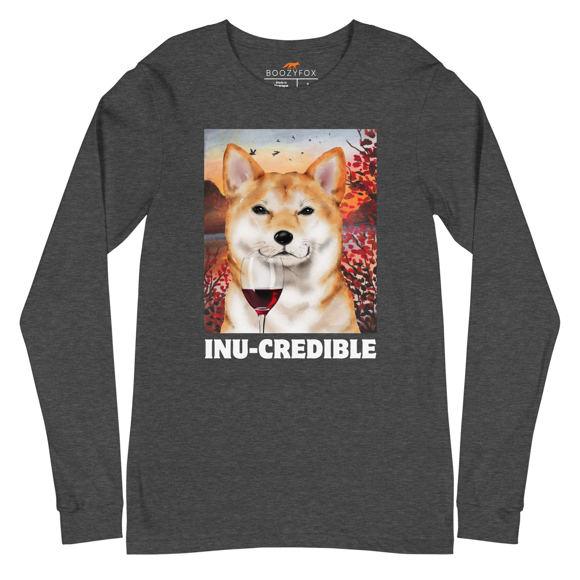 Funny Shiba Inu graphic long sleeve tee in dark grey heather by Boozy Fox