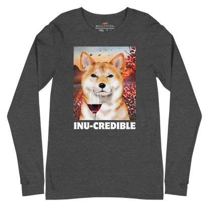 Funny Shiba Inu graphic long sleeve tee in dark grey heather by Boozy Fox